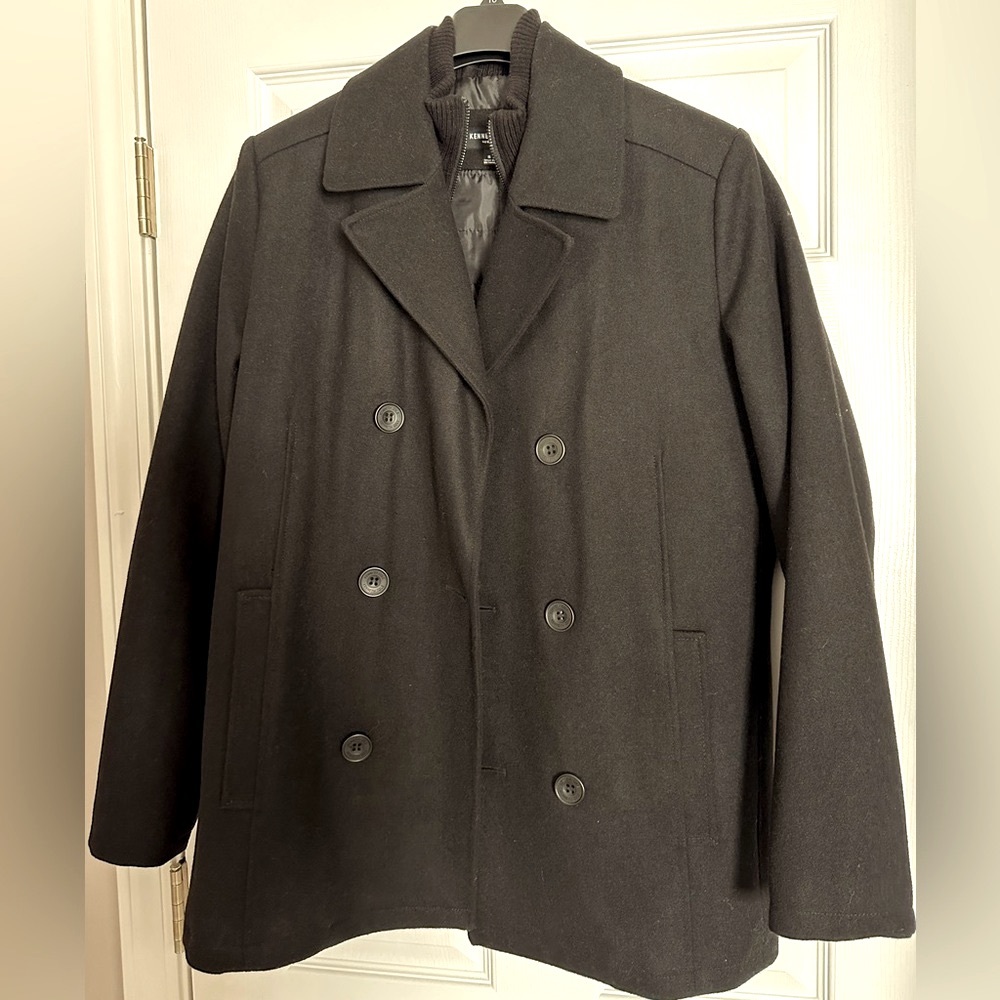 LIKE NEW Men's Double Breasted Wool Blend Peacoat with Bib and zipper liner